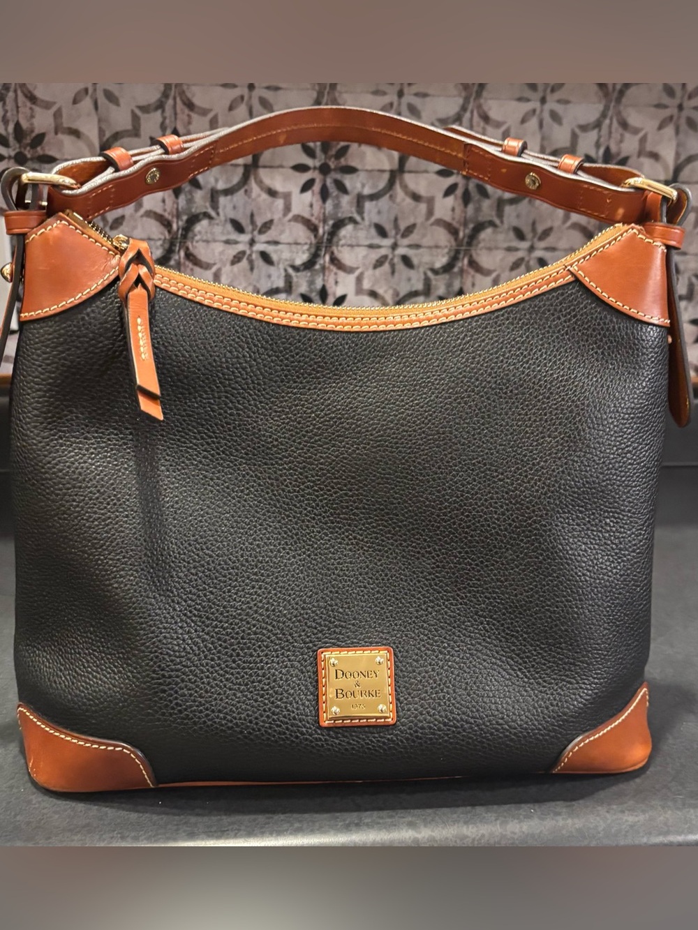 Dooney & Bourke Black Leather Shoulder Bag with Tan Trim